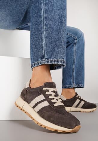 Ciemnobrązowe Skórzane Sneakersy z Ozdobnymi Paskami Felindda