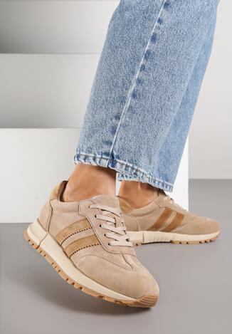 Beżowe Skórzane Sneakersy z Ozdobnymi Paskami Felindda