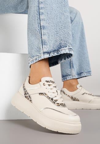 Beżowe Skórzane Sneakersy na Grubej Podeszwie z Metalicznymi Wstawkami Halalina