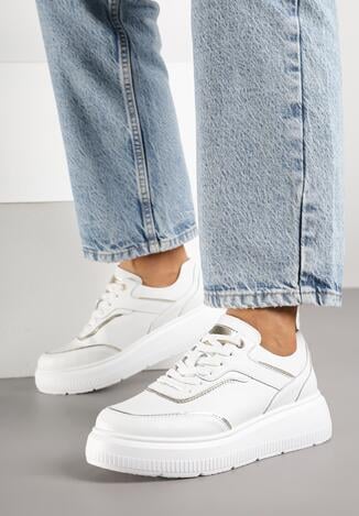 Białe Skórzane Sneakersy na Grubej Podeszwie z Metalicznymi Wstawkami Halalina