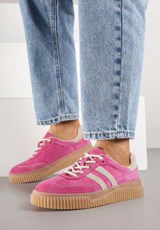 Fuksjowe Skórzane Sneakersy Klasyczne Tenisówki z Zamszu Naturalnego Teniresela