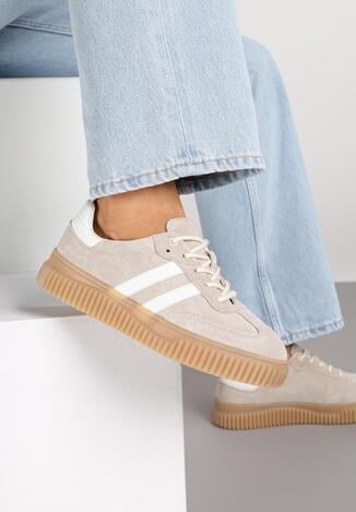 Ciemnobeżowe Skórzane Sneakersy Klasyczne Tenisówki z Zamszu Naturalnego Teniresela