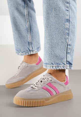 Szaro-Różowe Skórzane Sneakersy Klasyczne Tenisówki z Zamszu Naturalnego Teniresela