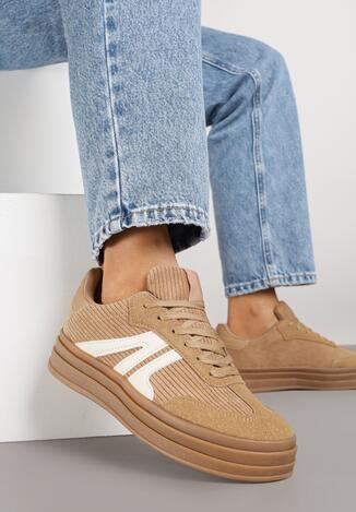 Ciemnobeżowe Sneakersy w Stylu Tenisówek na Grubej Podeszwie z Geometrycznym Wzorem Wevirra