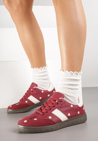 Bordowe Sneakersy Typu Tenisówki z Kwiatkami Reisare