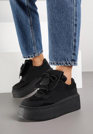 Czarne Sneakersy na Grubej Podeszwie z Wywiniętym Językiem i Kokardą Ellisare