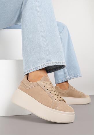 Beżowe Zamszowe Sneakersy na Grubej Podeszwie Nalimiree