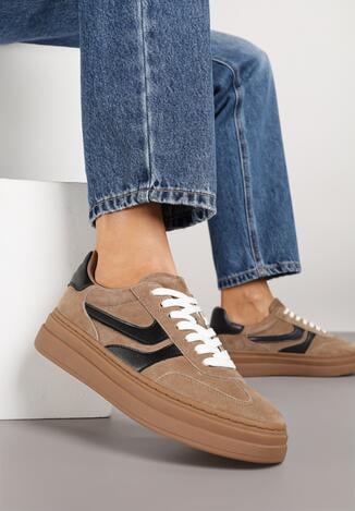 Brązowe Sneakersy Zamszowe w Stylu Tenisówek z Geometrycznym Wzorem Naliane