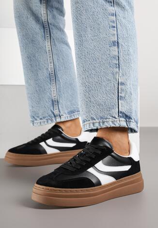Czarne Sneakersy Zamszowe w Stylu Tenisówek z Geometrycznym Wzorem Naliane