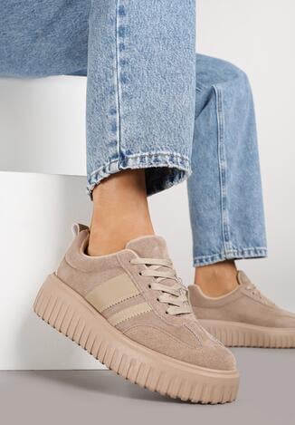 Beżowe Sneakersy na Grubej Podeszwie z Tłoczeniem Rilunessa