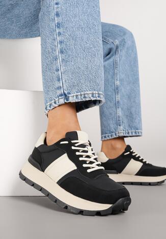 Czarno-Beżowe Sneakersy na Grubej Podeszwie Ellitte