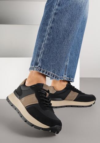 Czarno-Brązowe Sneakersy na Grubej Podeszwie Ellitte