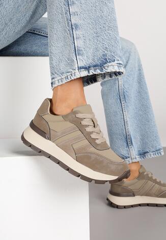 Ciemnobeżowe Sneakersy z Ozdobnymi Przeszyciami Alentia