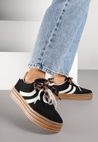 Czarne Sneakersy w Stylu Tenisówek na Grubej Podeszwie z Tłoczeniem i Perłami Asortte