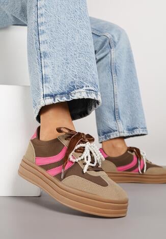 Brązowe Sneakersy w Stylu Tenisówek na Grubej Podeszwie z Tłoczeniem i Perłami Asortte