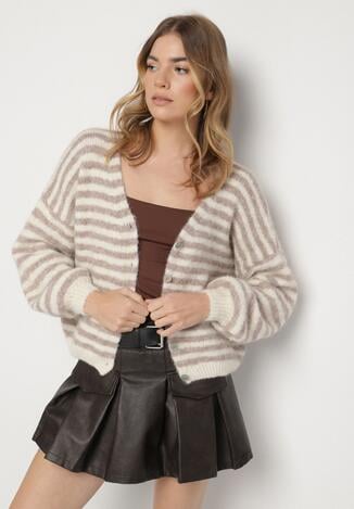 Beżowy Kardigan z Wełną w Paski o Nietoperzowym Fasonie Fesmera