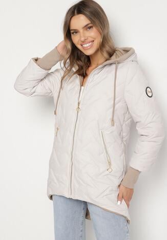 Jasnoszara Pikowana Kurtka z Przedłużonym Tyłem i Kapturem Melune