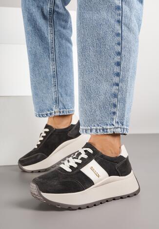 Brązowe Zamszowe Sneakersy na Grubej Podeszwie ze Skórzaną Wkładką Latavelle