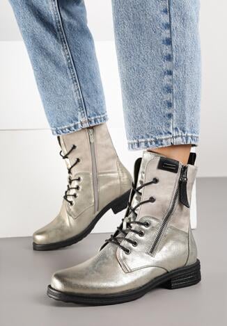 Szaro-Złote Botki Workery ze Sznurowaniem i Zapięciem na Suwak Vemida
