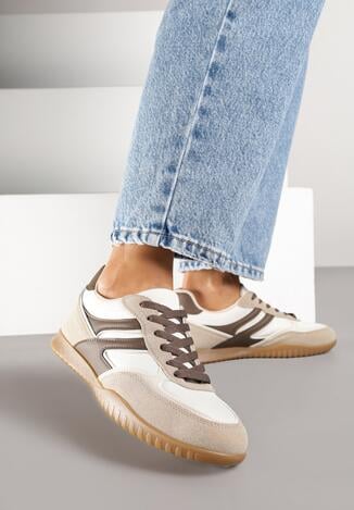 Ciemnobeżowe Sneakersy w Stylu Tenisówek Ozdobione Geometrycznym Wzorem Fesilia