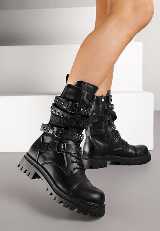 Czarne Botki Workery z Paskami z Ćwiekami i Klamrami w Rockowym Stylu Zarfina