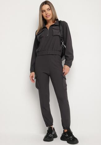 Ciemnoszary Komplet Dresowy w Stylu Cargo Bluza na Suwak i Joggery Sitene