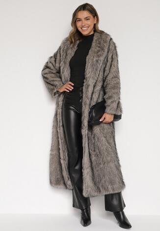 Beżowo-Czarny Długi Płaszcz Futrzany z Kołnierzem Banisse