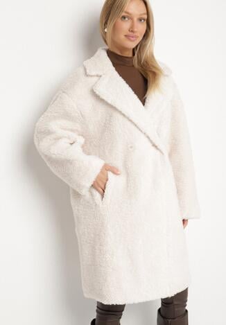 Biały Dwurzędowy Płaszcz Teddy o Fasonie Oversize Anerre