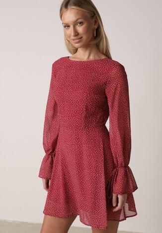 Bordowa Rozkloszowana Sukienka Vices z Bufiastymi Rękawami w Kropki Eriane