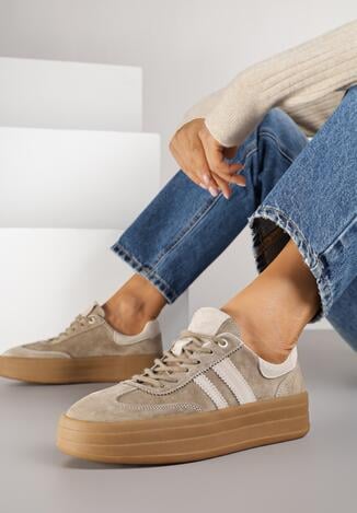 Ciemnobeżowe Zamszowe Sneakersy na Grubej Podeszwie z Paskami i Skórzaną Wkładką Felenne