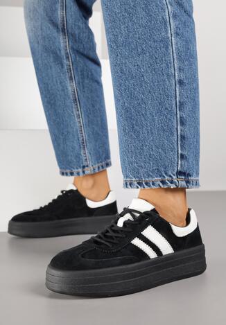 Czarne Zamszowe Sneakersy na Grubej Podeszwie z Paskami i Skórzaną Wkładką Felenne
