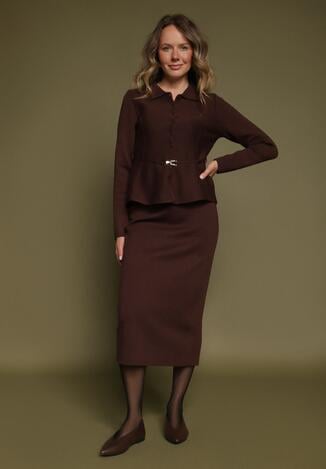 Brązowy Komplet Garsonka z Wiskozą Marynarka z Paskiem i Ołówkowa Spódnica Zaise