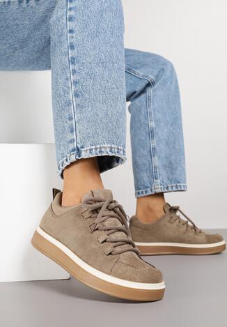 Ciemnobeżowe Sneakersy na Kauczukowej Podeszwie Lurrive