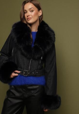 Granatowa Ocieplana Kurtka Ramoneska z Futrem przy Kołnierzu i Rękawach Mevesala