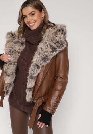 Brązowa Kurtka Ramoneska z Odpinanym Kapturem i Futrem Aplonna