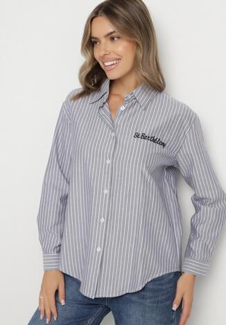 Granatowa Koszula w Paski Zdobiona Haftem Denelle