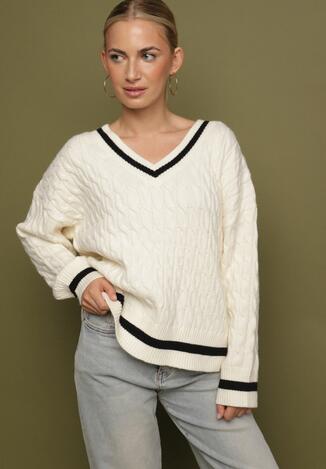 Jasnobeżowy Sweter Preppy z Domieszką Kaszmiru Zdobiony Strukturalnym Splotem Lorentie