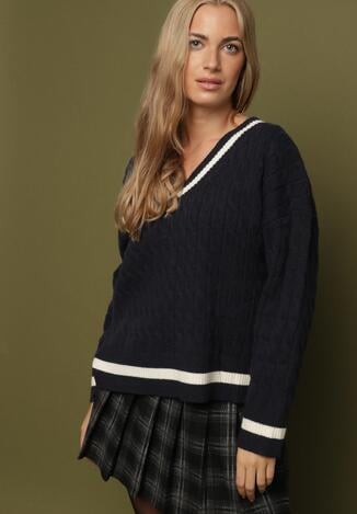 Granatowy Sweter Preppy z Domieszką Kaszmiru Zdobiony Strukturalnym Splotem Lorentie