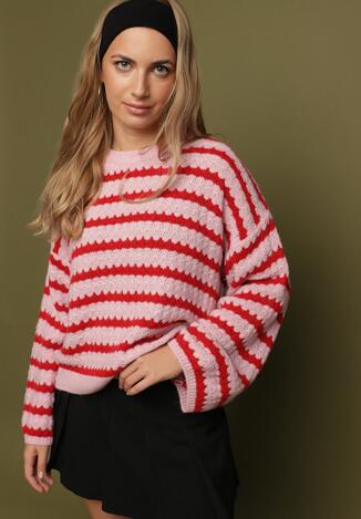 Różowo-Czerwony Sweter Oversize z Wełną i Wiskozą o Luźnym Splocie w Paski Ternose