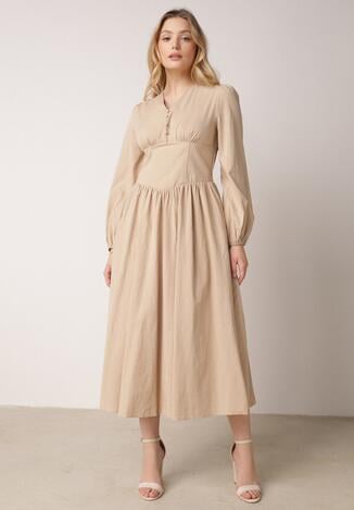 Beżowa Sukienka z Wiskozą z Gorsetową Talią i Bufiastymi Rękawami Aniste