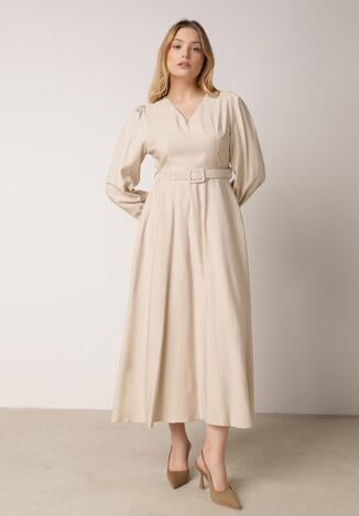 Beżowa Wiskozowa Sukienka o Rozkloszowanym Kroju z Paskiem z Klamerką Arilesse