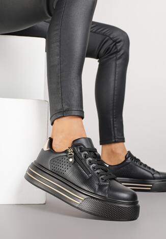Czarne Sneakersy na Grubej Podeszwie z Perforacją i Suwakiem Giorinea