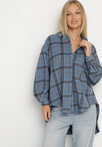 Niebieska Koszula Oversize w Kratę z Przedłużonym Tyłem Sulicella