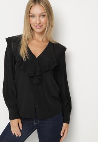 Czarna Koszula Vices z Bufiastymi Rękawami i Żabotem z Falbanami Zoivia