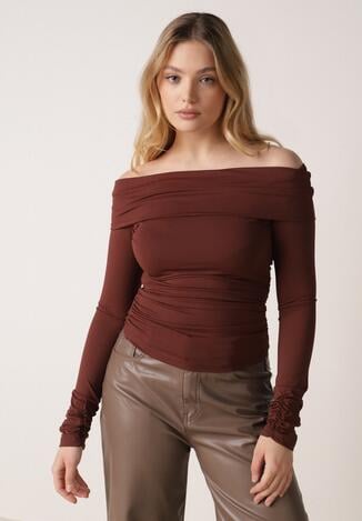 Brązowa Bluzka Hiszpanka Vices z Marszczeniem w Talii i przy Rękawach Temile