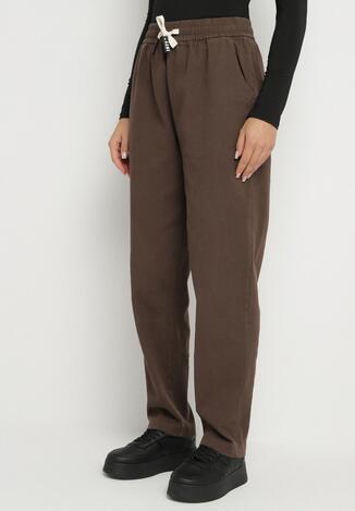 Brązowe Spodnie Bawełniane w Stylu Mom Fit ze Sznurkiem  Adenelle