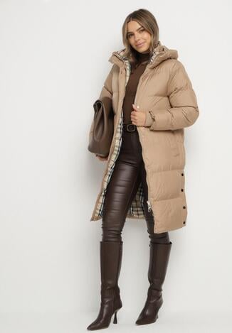 Ciemnobeżowa Długa Kurtka Pikowana z Kapturem Genama