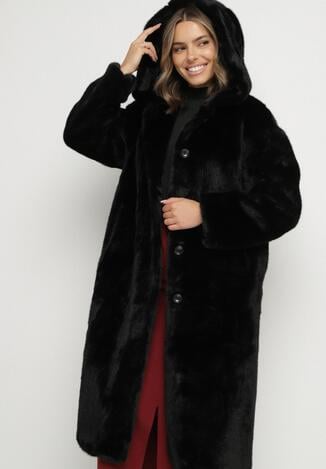 Czarny Płaszcz Pluszowy z Kapturem Zereta