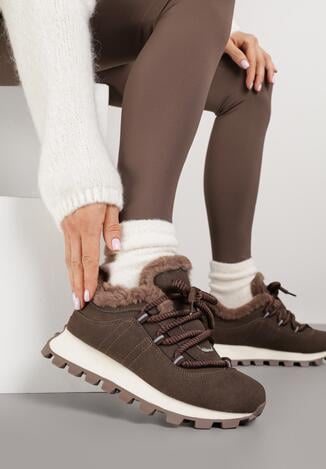 Brązowe Sneakersy w Stylu Śniegowców na Grubej Podeszwie z Tłoczeniem Sinetta