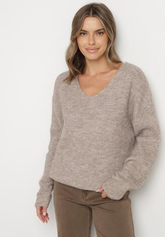 Brązowy Sweter z Dodatkiem Wełny i Trójkątnym Dekoltem Esmina